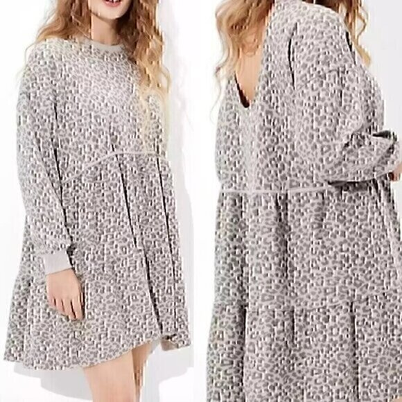 AMERICAN EAGLE Gray Leopard Cheetah Cutout Long Sleeve Babydoll Fit Flare Dress - Picture 1 of 13